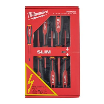 Milwaukee 4932478739 Set Giraviti Cacciaviti Isolati Phillips Tri-Lobe VDE 1000V da 7 Pezzi