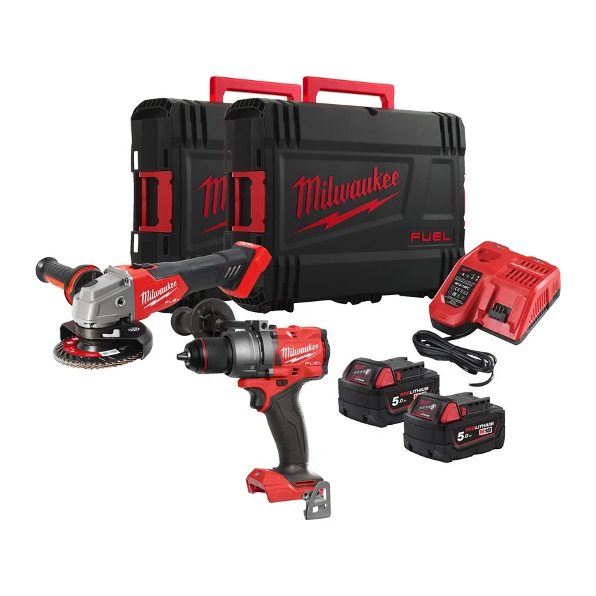Milwaukee 4933492516 Kit M18 FPP2E3-502X FUEL Trapano Percussione FPD3 + Smerigliatrice Angolare FSAG125X con 2 Batterie + Caricabatterie + 2 Valigie