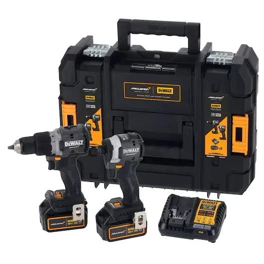 DeWalt DCK200MP2T-QW Kit Trapano 2 Velocità 90Nm XR 18V + Avvitatore Impulsi 206Nm XR 18V 5Ah con 2 Batterie + Caricabatterie + Valigia McLaren