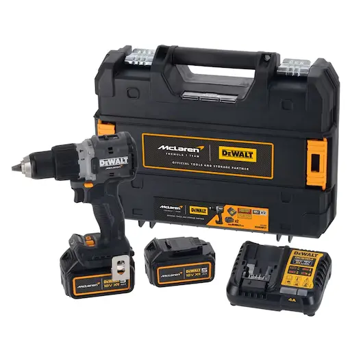 DeWalt DCD85MP2T-QW Trapano Avvitatore Brushless 2 Velocita 90Nm XR 18V con 2 Batterie 5Ah + Valigia Tstak Edizione McLaren
