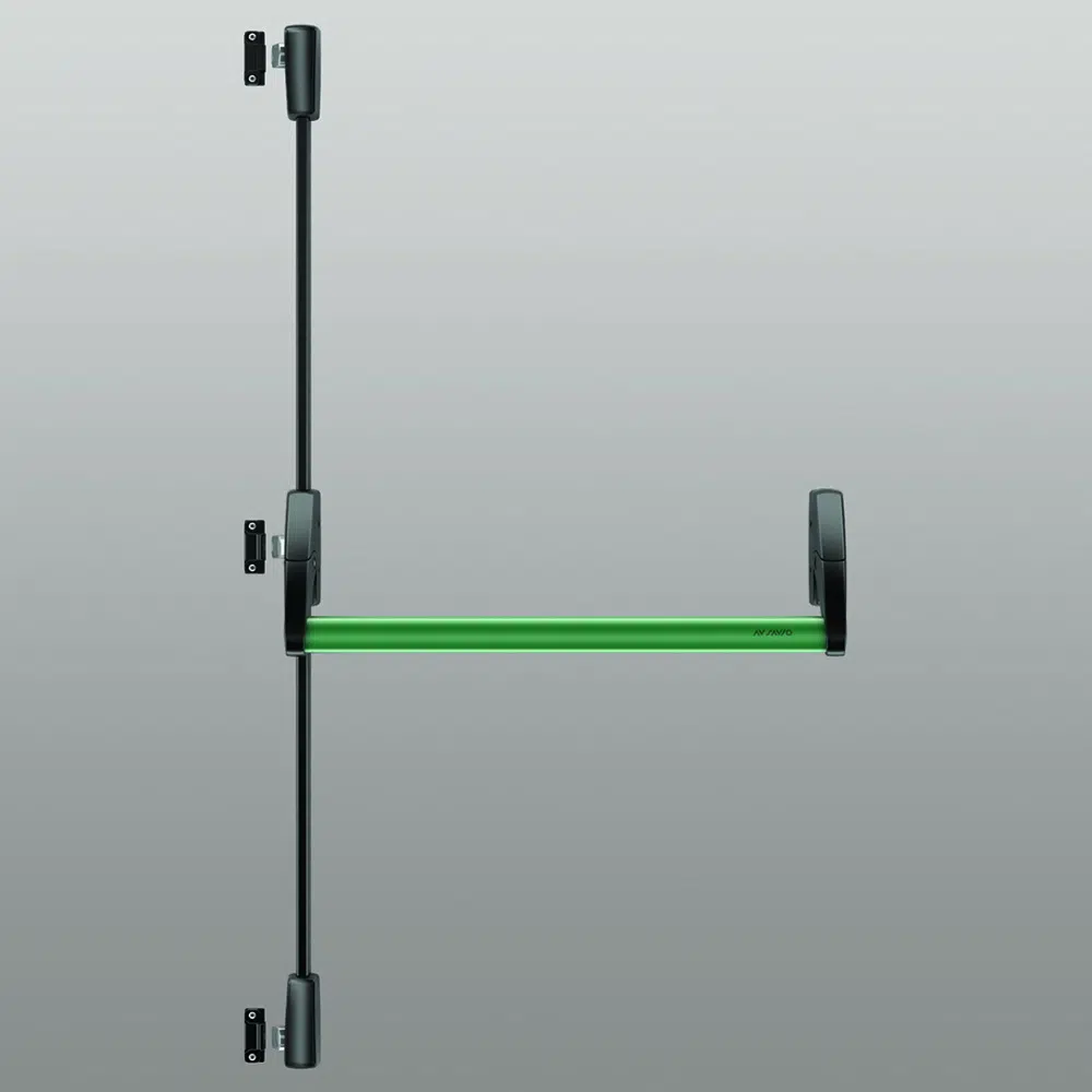 [067146] Savio 6010.3/1200 Maniglione Antipanico Verticale Juvarra Ambidestro 3 Punti Chiusura Finitura Scocche Nere e Barra verde