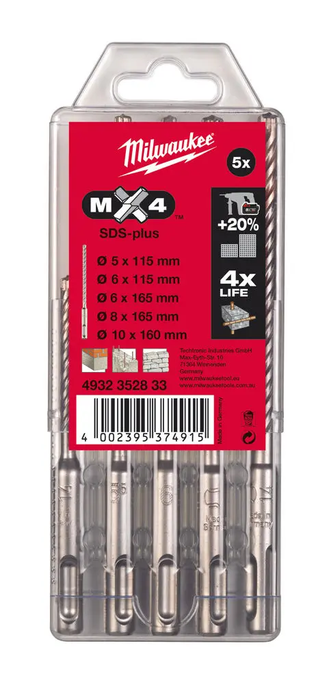 Milwaukee 4932352833 Set di 5 Punte SDS-Plus MX4 4 Taglienti da 110mm a 160mm