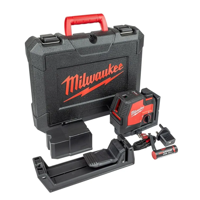 [092700] Milwaukee 4933478099 Laser L4 CLLP-301C Lineare Verde Ricaricabile USB a 2 Linee con 2 Punti Piombo Raggio 30mt con Batteria 3Ah + Valigia