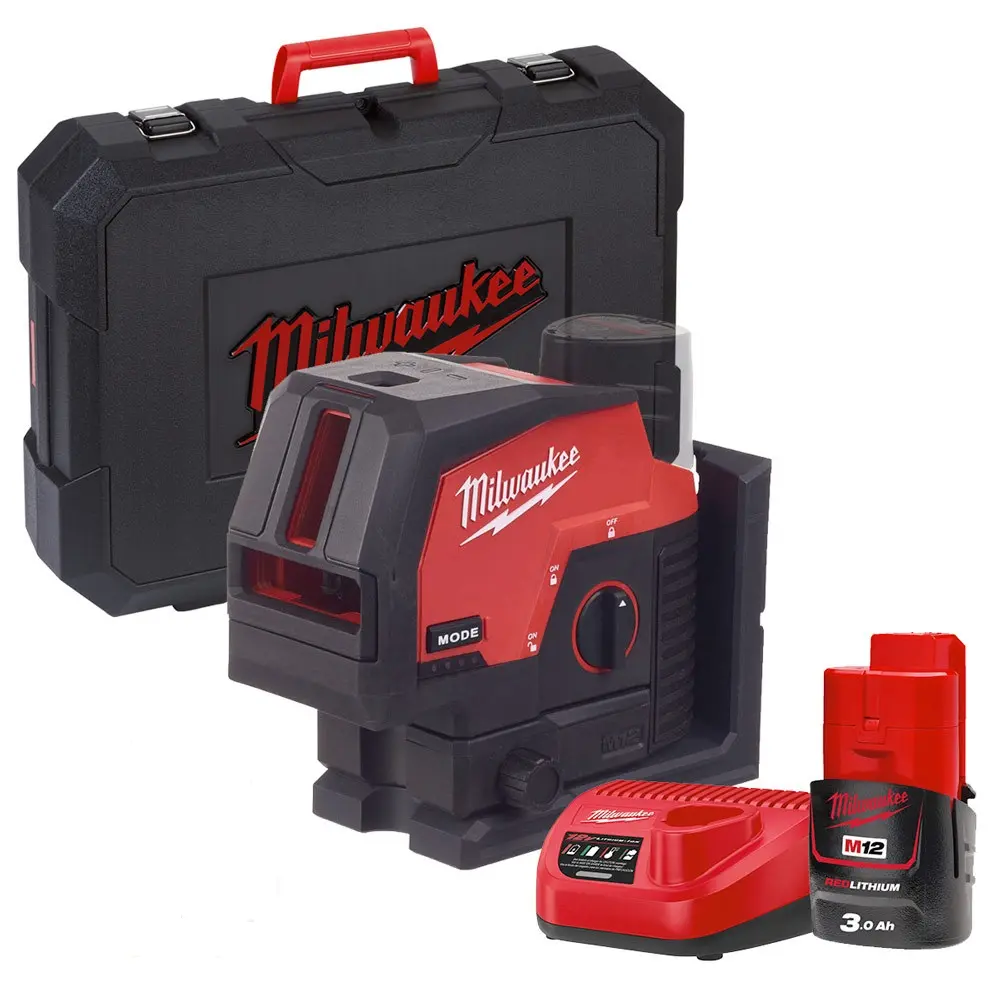 [092701] Milwaukee 4933478100 Laser Lineare Verde M12 CLLP-301C a 2 Linee con 2 Punti Piombo Raggio 38mt con Batteria 3Ah + Caricabatterie + Valigia
