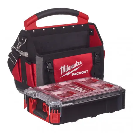 [092837] Milwaukee 4932478841 Set PackOut Borsa Portautensili Aperta Nylon 40cm + Organizer Medio Compatto con 5 Comparti Rimovibili