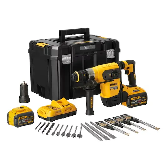 DeWalt DCH417X2-QW Trapano Percussione Tassellatore SDS Plus 32mm Doppio Mandrino Aggancio Rapido XR FlexVolt 54V Con 2 Batterie 9Ah + Caricabatterie + Valigia + Accessori