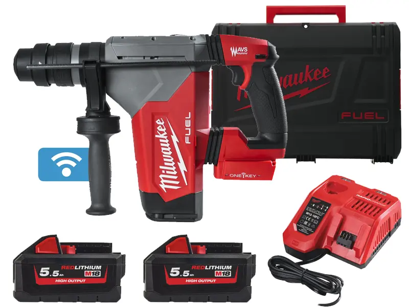 Milwaukee 4933478496 Tassellatore M18 ONEFHPX-552X Fuel SDS-Plus 5.0J con 2 Batterie 5.5Ah + Caricabatterie + Valigia