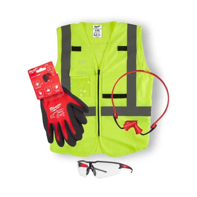 Milwaukee 4932492063 Kit Starter Set Protezione Safety 2.0 con Occhiale di Sicurezza + Gilet Alta Visibilità Giallo + Guanti Anti Taglio Categoria 1A + Inserti Auricolari
