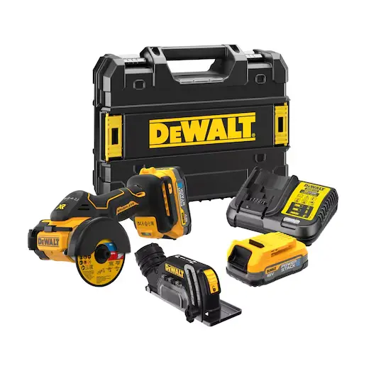 DeWalt DCS438E2T-QW Minitroncatrice 76mm Brushless con 2 Batterie 18V XR + Caricabatterie + Accessori + Valigia Powerstack