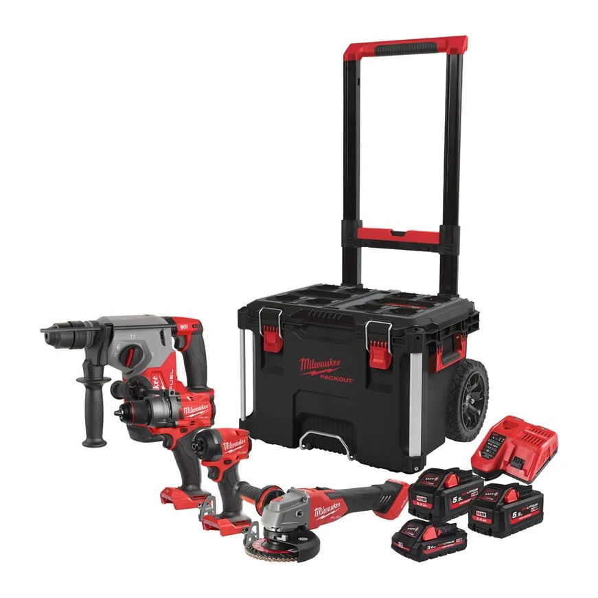 [102525] Milwaukee 4933492530 Kit M18 FPP4E-555T con Trapano FPD3 Avvitatore FID3 Tassellatore FHX Smerigliatrice ONEFSAG125XB + Batteria 3Ah + 2 Batterie 5.5Ah + Caricabatterie + Trolley