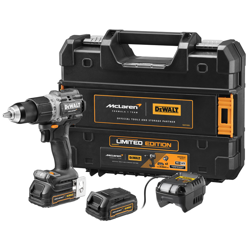 DeWalt DCD85ME2GT-QW Trapano Percussione Edizione Limitata McLaren XR Brushless 18V Con 2 Batterie + Caricabatterie + Valigia 