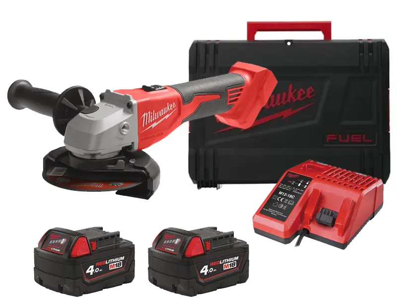 [104525] Milwaukee 4933492644 Smerigliatrice Angolare M18 BLSAG125X-402X Brushless 125mm Avvio a Slitta con 2 Batterie 4Ah + Caricabatterie + Valigia