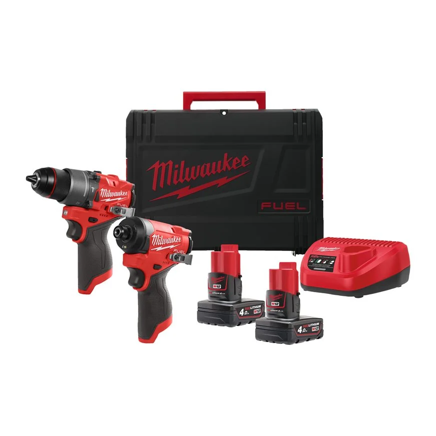 Milwaukee 4933492513 Kit M12 FUEL Trapano Percussione FPD2-0 + Avvitatore Impulsi 1/4" FID2-0 Hex 12V con 2 Batterie 4Ah + Caricabatterie + Valigia