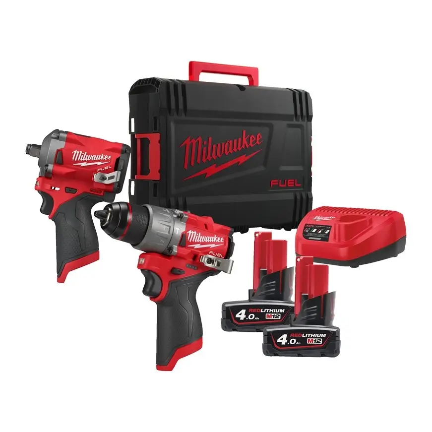 Milwaukee 4933492512 Kit M12 FPP2H2-402X 12V con Trapano Percussione FIWF12-0 Avvitatore FPD2-0 + 2 Batterie 4Ah + Caricabatterie + Valigia