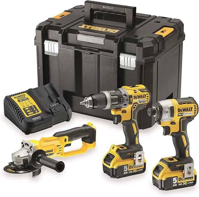 DeWalt DCK383P2T-QW Set 3 Trapano Avvitatore Smerigliatrice con Valigia + 2 Batterie + Caricabatterie