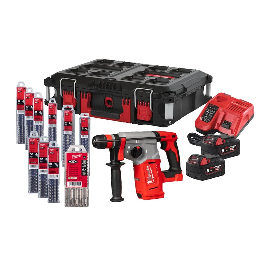 [106328] Milwaukee 4933498243 Kit Tassellatore SDS-Plus con Mandrino M18 BLHX con 2 Batterie 5Ah + Caricabatterie + Valigia + Accessori
