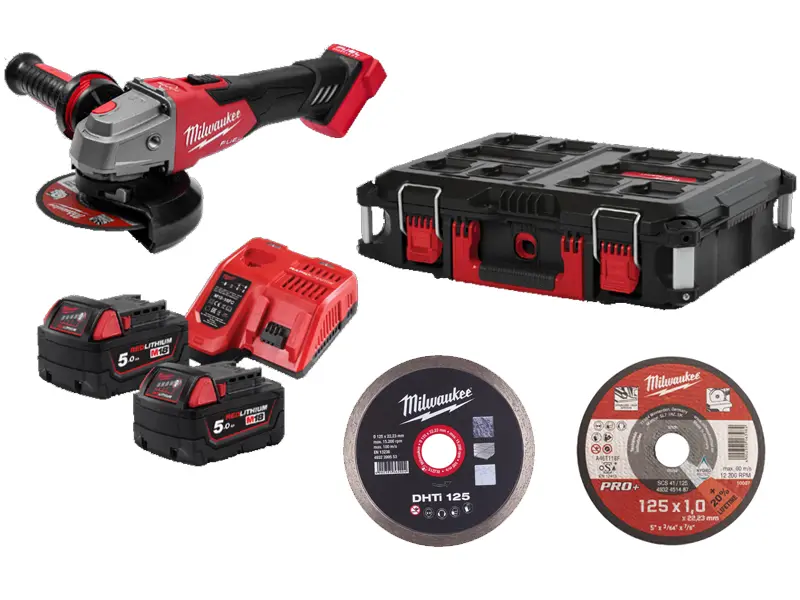 [106330] Milwaukee 4933498241 Kit M18 FSAG125XB100P-502P FUEL Smerigliatrice M18 FSAG125XB con 2 Batterie 5Ah + Caricabatterie + Accessori + Valigia PackOut