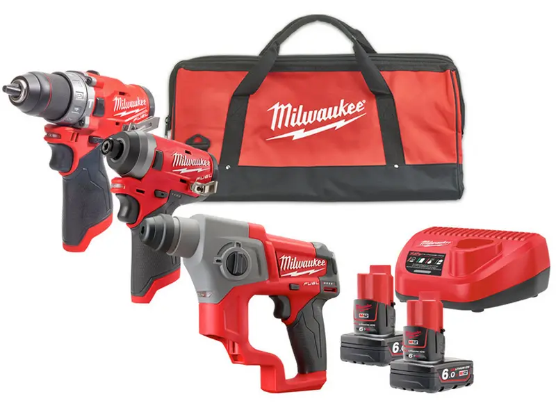 Milwaukee 4933498578 KIT M12 12V con Trapano FPD2 Avvitatore impulsi FID2 Tassellatore CH + 2 Batterie 6Ah + Caricabatterie + Borsa
