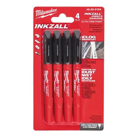 Milwaukee 48223154 Pennarelli Indelebili Marker Nero a Punta Fina S Blister 4 Pezzi
