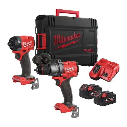 [103182] Milwaukee 4933480873 Kit M18 FUEL Trapano con percussione FPD3 + Avvitatore Impulsi ¼″ FID3 Hex 18V con 2 Batterie 5Ah + Caricabatterie + Valigia