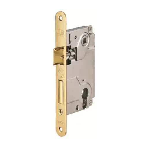[037083] AGB B010245003 Serratura Centro Yale Incasso per Porta da Interni Entrata 50mm Interasse 85mm Bordo Tondo 196x22mm Acciaio Finitura Ottone Verniciato