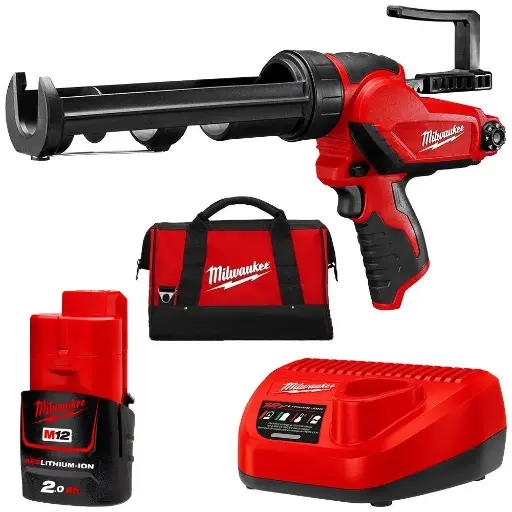 [073671] Milwaukee 4933441655 Pistola Silicone M12 PCG/310C-201B con Portacartuccia 310ml con 1 Batteria 2Ah + Caricabatterie + Borsa