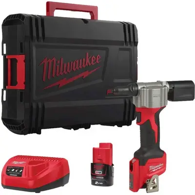 [082749] Milwaukee 4933464405 Rivettatrice M12 BPRT-201X Compatta con 1 Batteria 2Ah + Caricabatterie + Valigia