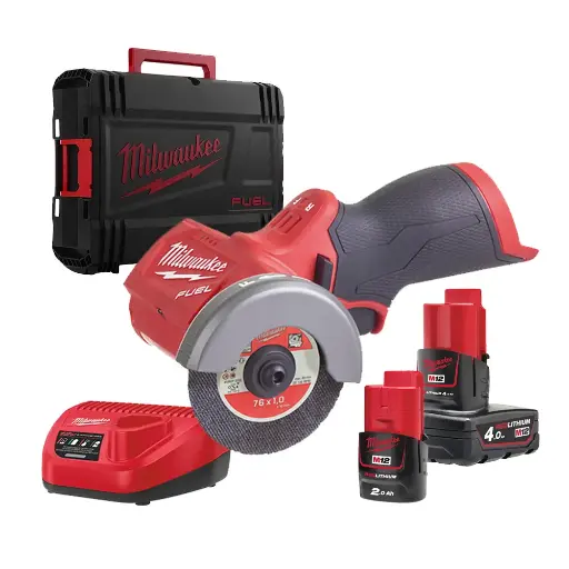 [085208] Milwaukee 4933464619 Mini Troncatrice Multimateriale M12 FCOT-422X FUEL con 1 Batteria 2Ah + 1 Batteria 4Ah + Caricabatterie + Valigia