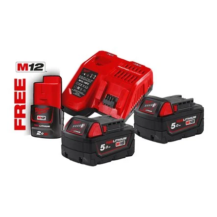 [086684] Milwaukee 4933459217 Kit M18 NRG-502 con 2 Batterie 5Ah 18V + Batteria 2Ah 12V + Caricabatterie