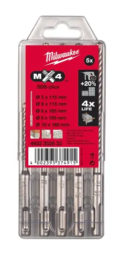 [091293] Milwaukee 4932352833 Set di 5 Punte SDS-Plus MX4 4 Taglienti da 110mm a 160mm