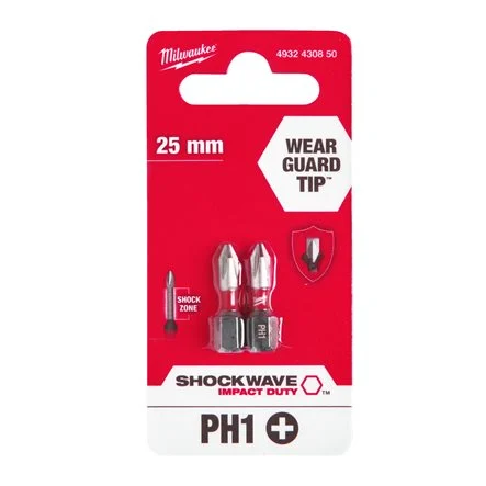 [092786] Milwaukee 4932430850 BIT Shockwave per Avvitatori Phillips PH1 x 25mm 2 Pezzi