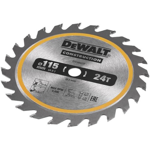 [098542] DeWalt DT20420-QZ Lama per Sega Circolare da Costruzione a Batteria - Intelaiatura 115mm 24T