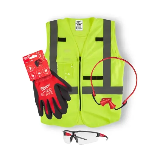 [098668] Milwaukee 4932492063 Kit Starter Set Protezione Safety 2.0 con Occhiale di Sicurezza + Gilet Alta Visibilità Giallo + Guanti Anti Taglio Categoria 1A + Inserti Auricolari