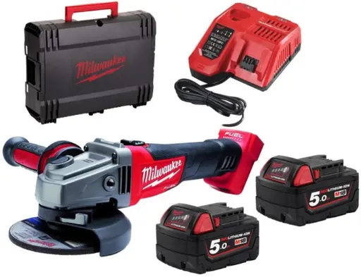 [098687] Milwaukee 4933478430 Smerigliatrice Angolare M18 FSAG125XB-502X FUEL 125mm con Interruttore a Slitta e Freno con 2 Batterie 5Ah + Caricabatterie + Valigia
