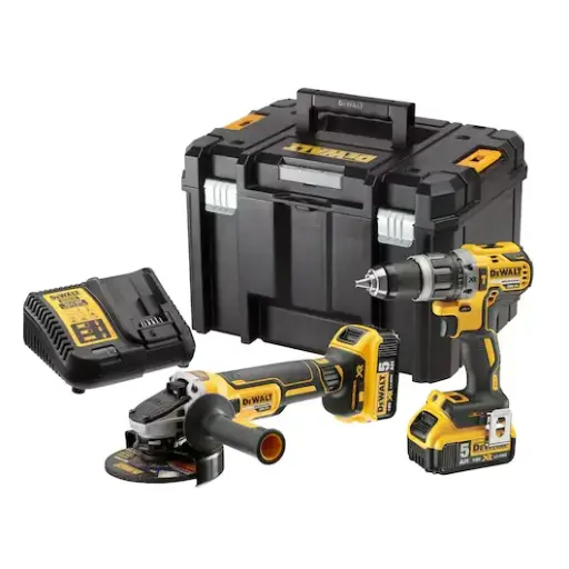 [099104] DeWalt DCK2080P2T-QW Kit DCD796 Trapano 2 Velocità + DCG405 Smerigliatrice 125mm + 2 Batterie 5Ah + Caricabatterie + Valigia