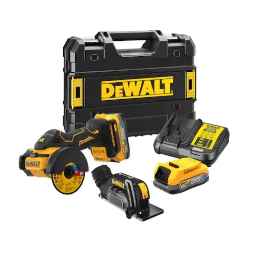 [100193] DeWalt DCS438E2T-QW Minitroncatrice 76mm Brushless con 2 Batterie 18V XR + Caricabatterie + Accessori + Valigia Powerstack