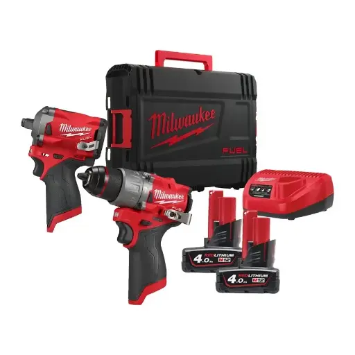 [105040] Milwaukee 4933492512 Kit M12 FPP2H2-402X 12V con Trapano Percussione FIWF12-0 Avvitatore FPD2-0 + 2 Batterie 4Ah + Caricabatterie + Valigia