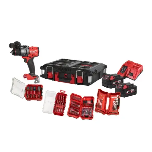 [106307] Milwaukee 4933498240 Kit M18 FPD3100P-502P FUEL Trapano M18 FPD3 con 2 Batterie 5Ah + Caricabatterie+ Valigia + Accessori 79 Pezzi