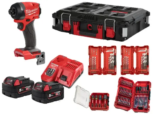 [106327] Milwaukee 4933498244 Avvitatore Impulsi 18V M18 FID3100P-502P Con 2 Batterie + Caricabatterie + Accessori + Valigia